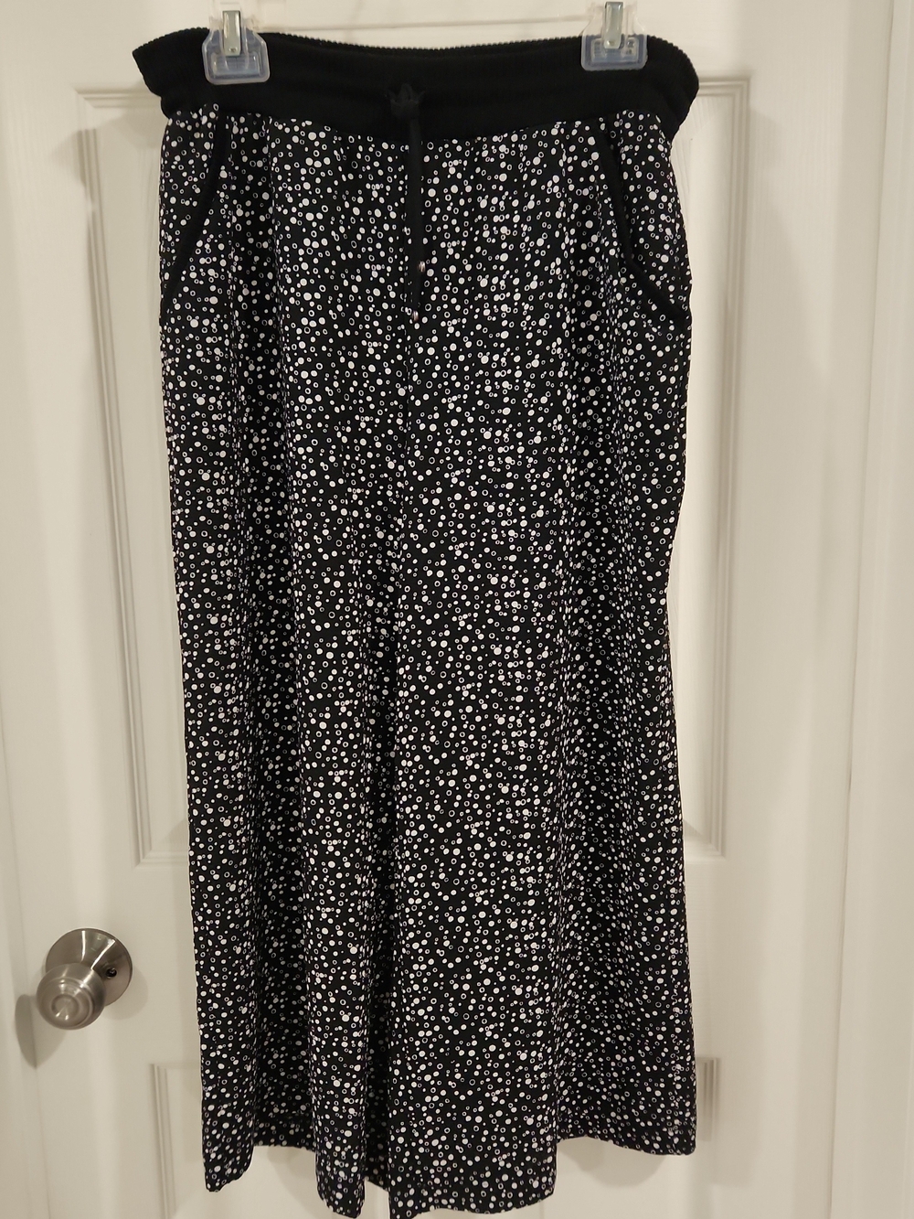 Max Studio Wide Leg Pants L Black White Polka Dot Drawstring Crop Palazzo Soft
